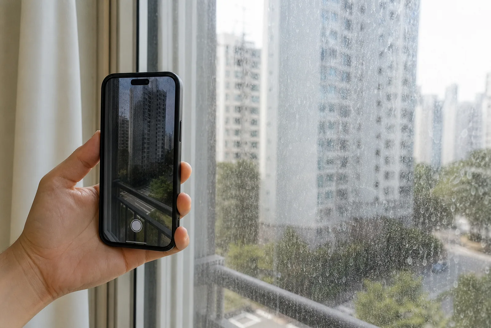 스마트폰으로 유리창 사진 견적을 요청하는 모습